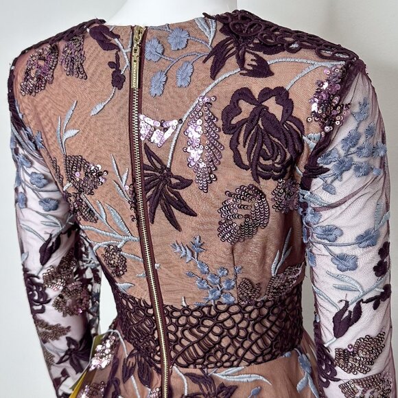 Bronx and Banco Purple Fiora Sequin Embroidered Mesh ¾ Sleeve Mini Dress Size 4 - Picture 12 of 17